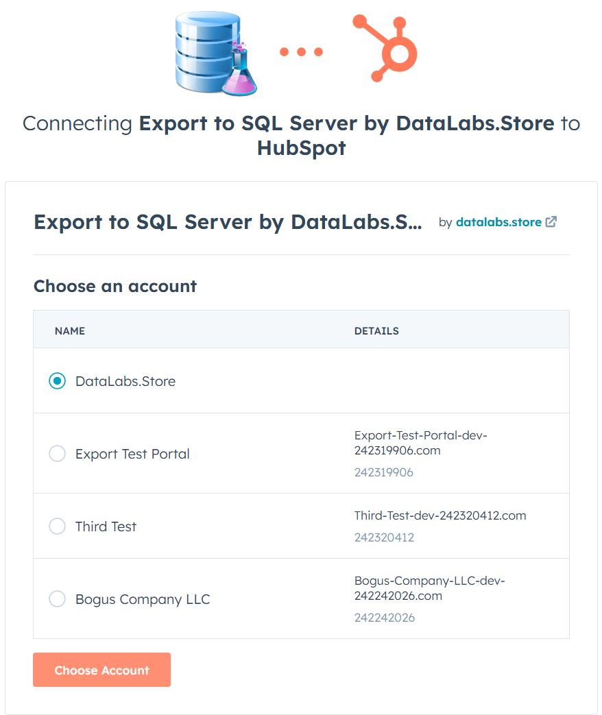 Select a HubSpot portal to connect with
