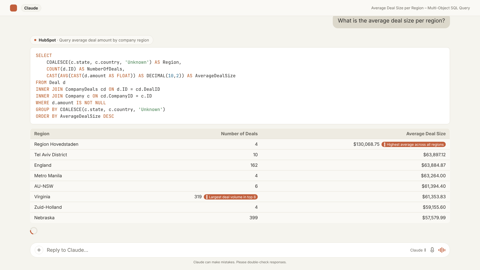 Average deal size by region — a three-table SQL join answered from one plain-English question